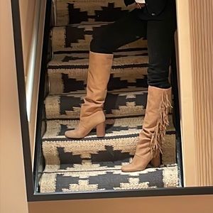 Sam Edelman vegan leather high fringe boot with stacked wood heel, rubber sole